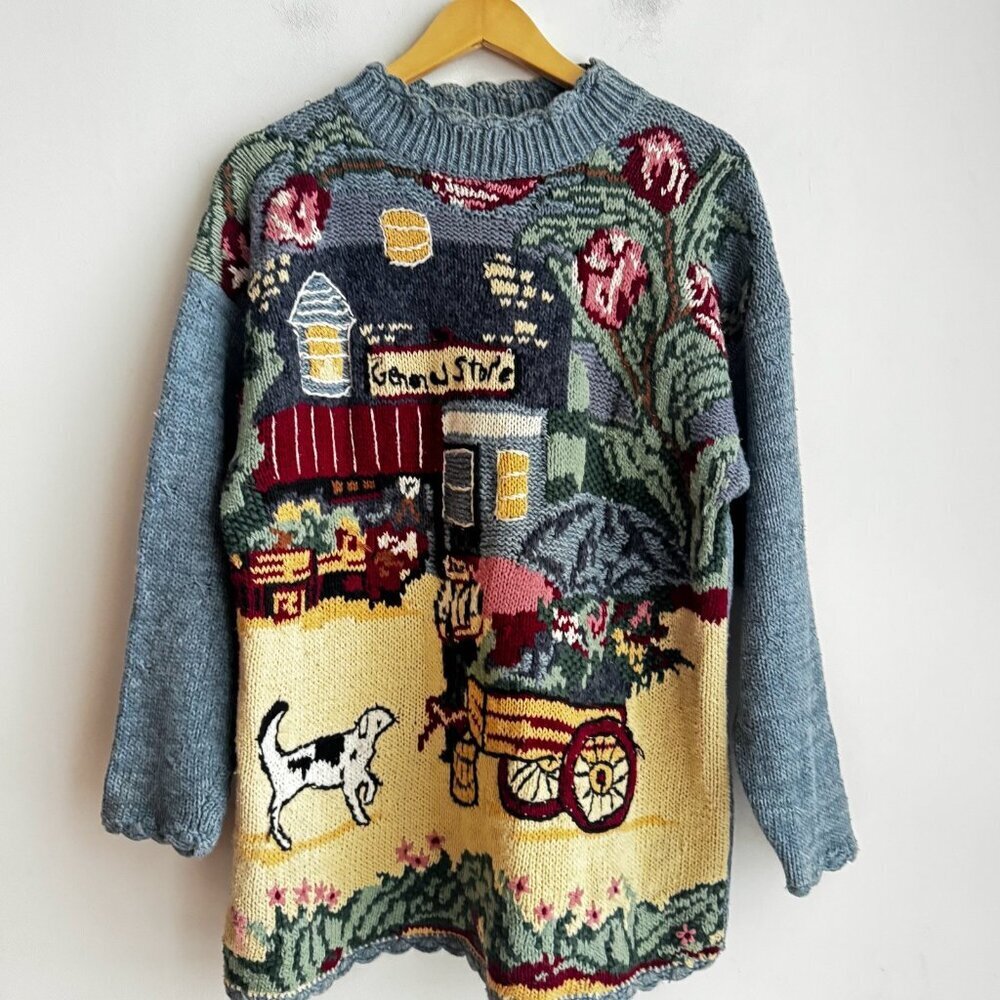 Vintage Climax Ramie Cotton Blend "General Store" Motif Sweater L